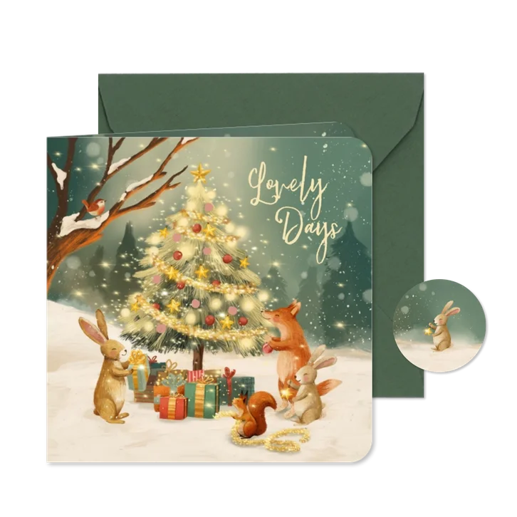 Gezellige en liefdevolle kerstkaart met dieren en kerstboom