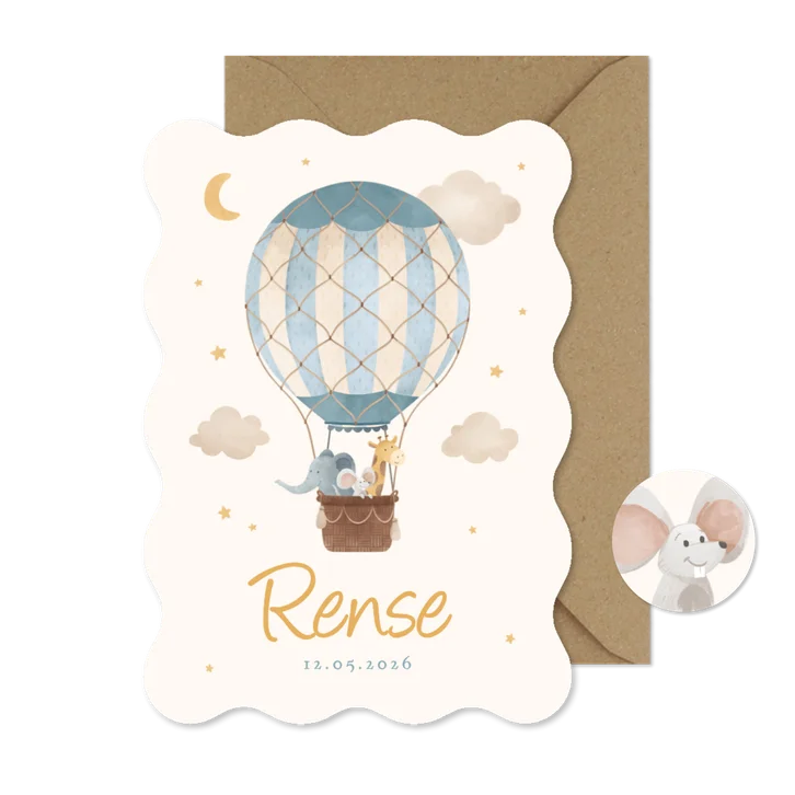 Golvend geboortekaartje blauwe luchtballon dieren sterren