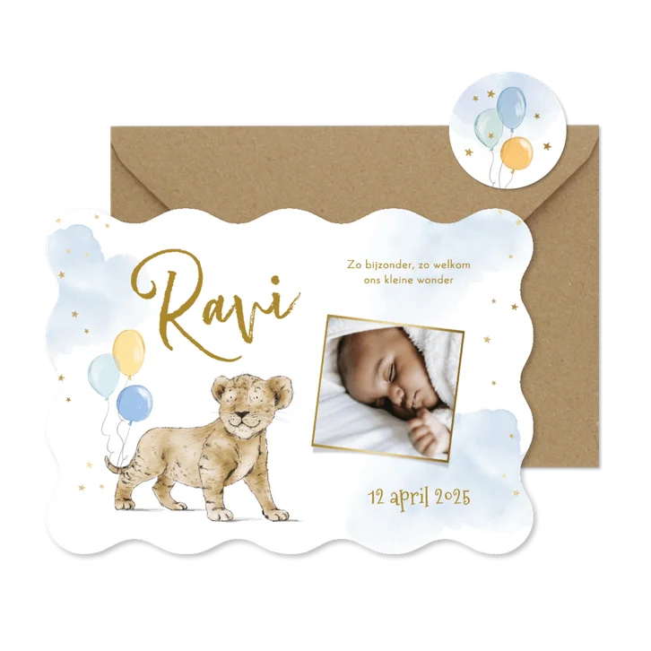 Golvend geboortekaartje met leeuw waterverf