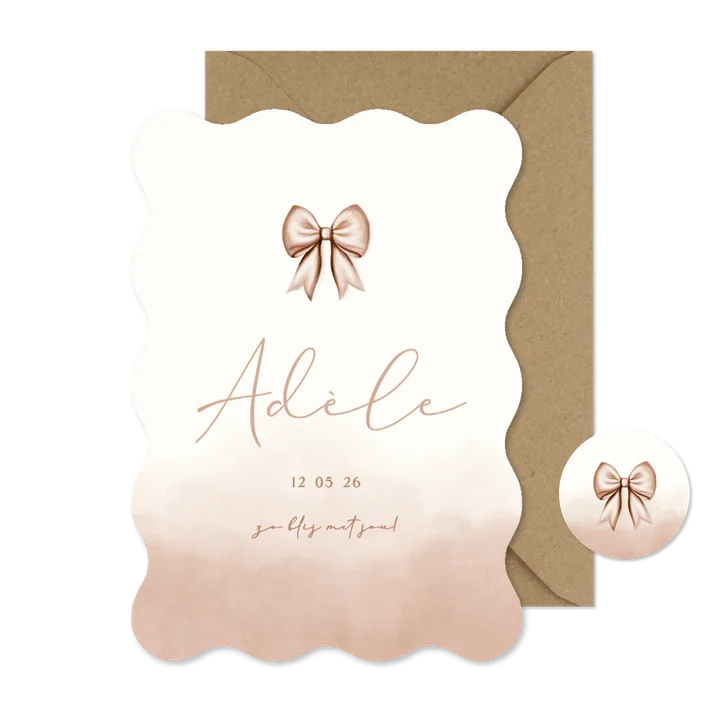 Golvend waterverf geboortekaartje met geïllustreerd strikje