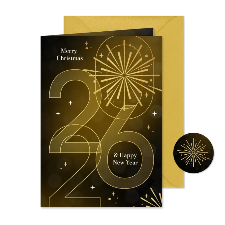 Goud nieuwjaarskaart 2026 grafisch stijlvol sterren goud
