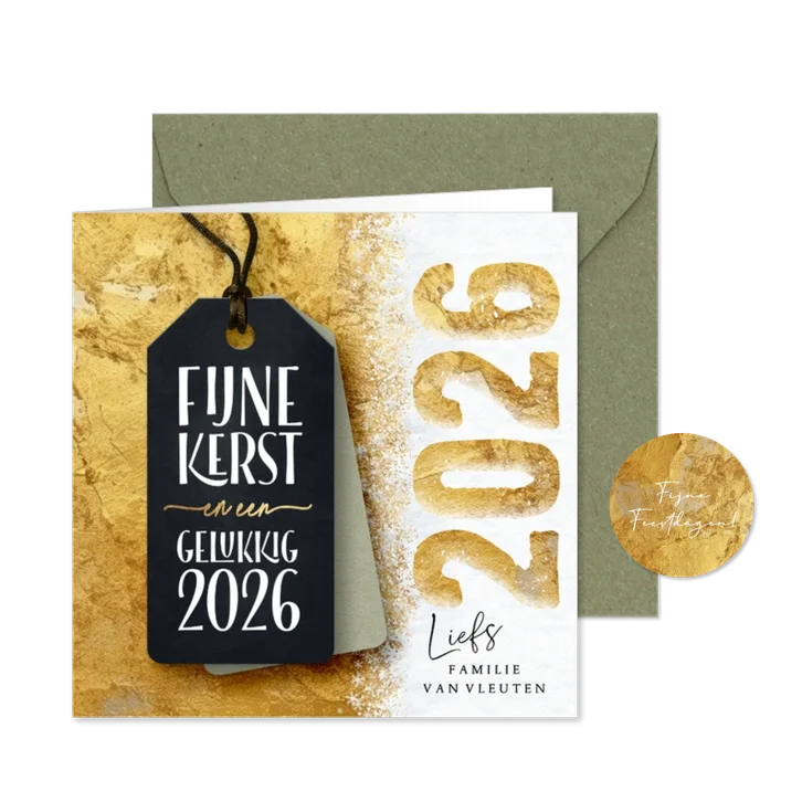 Gouden kerstkaart label en sneeuw 2026