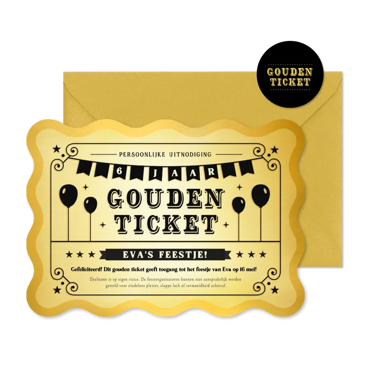 Gouden ticket uitnodiging kaart kinderfeestje golvende rand