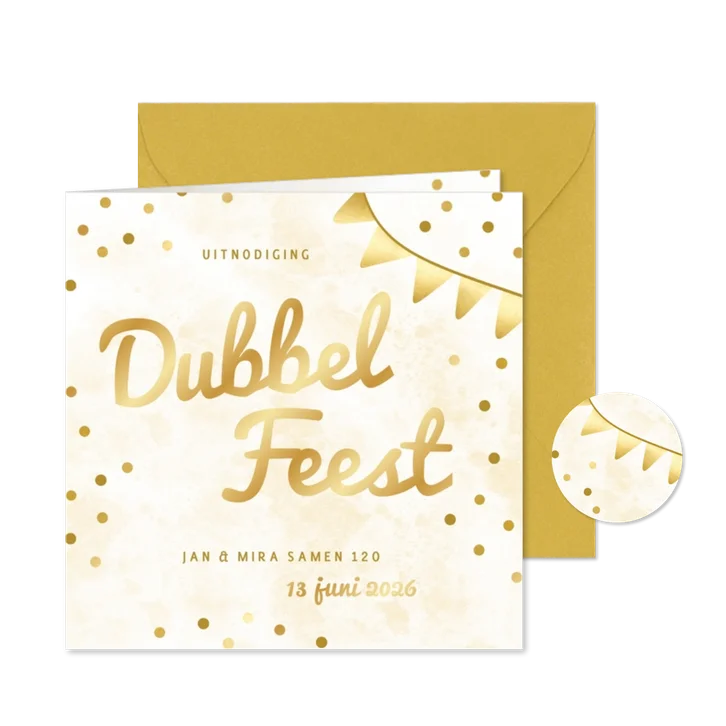 Gouden uitnodigingen dubbel feest met vlaggetjes en confetti