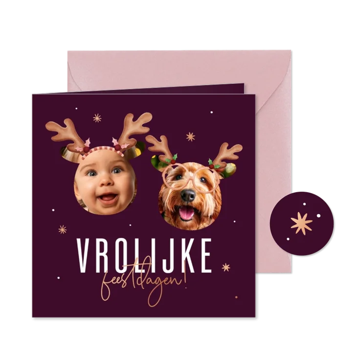 Grappig foto kerstkaartje vrolijke feestdagen met sterren