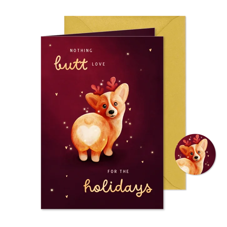 Grappig kerstkaartje corgi met gewei en hartjes