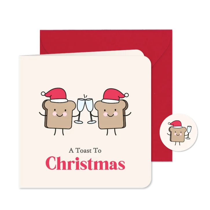 Grappig kerstkaartje met boterhammen met kerstmuts