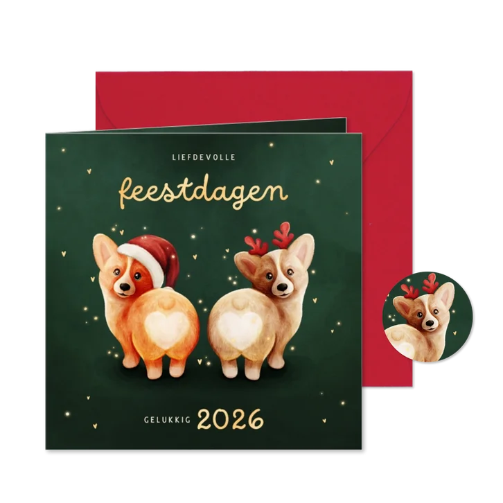 Grappig kerstkaartje met twee corgis en hartjes