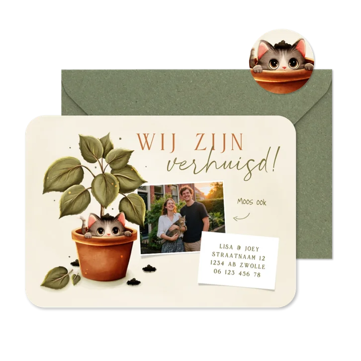 Grappig verhuiskaartje kat in plant met foto