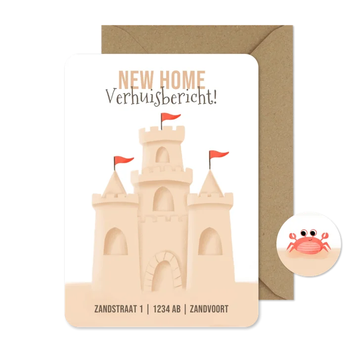 Grappig verhuiskaartje met een zandkasteel verhuisbericht