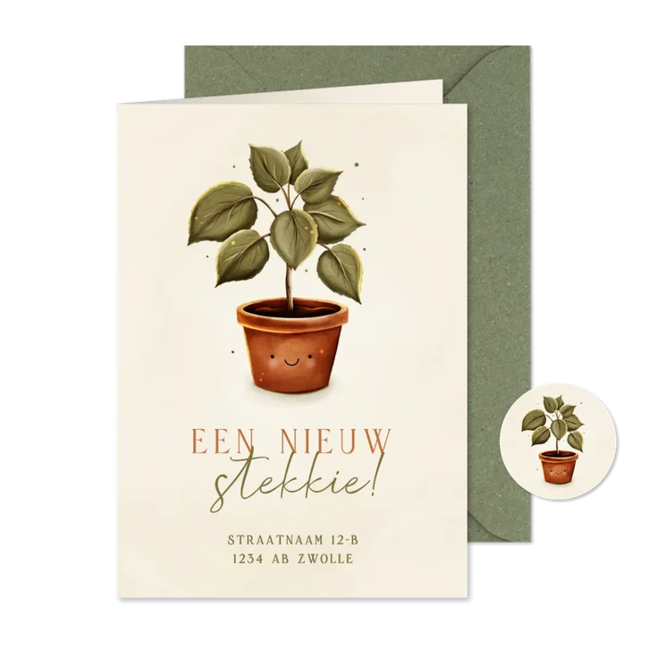 Grappig verhuiskaartje nieuw stekkie met plant