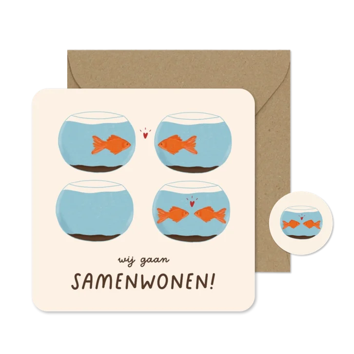Grappig verhuiskaartje samenwonen visjes in een kom