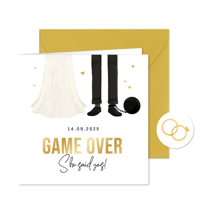 Grappige cartoon trouwkaart game over goud hartjes