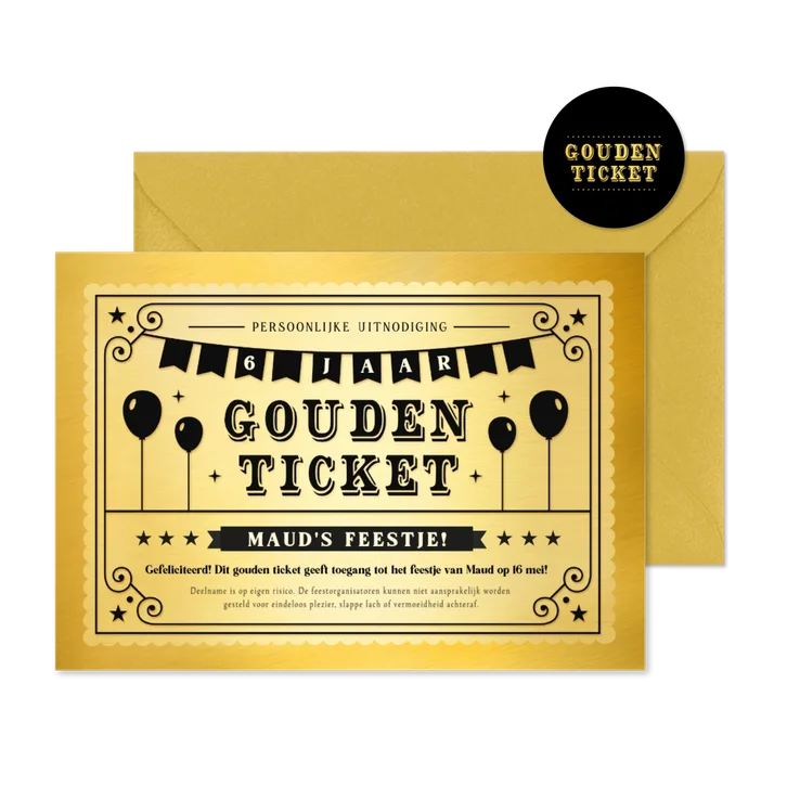 Grappige gouden ticket uitnodiging voor een kinderfeestje