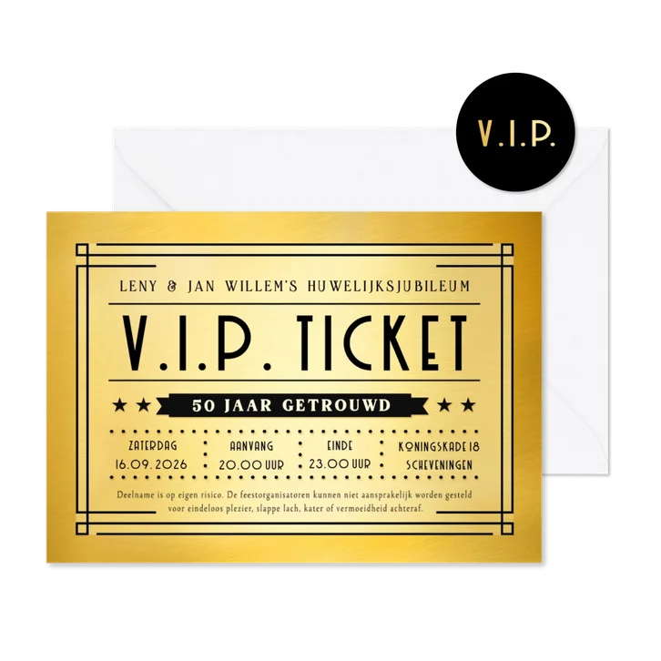 Grappige gouden V.I.P. ticket uitnodiging huwelijksjubileum