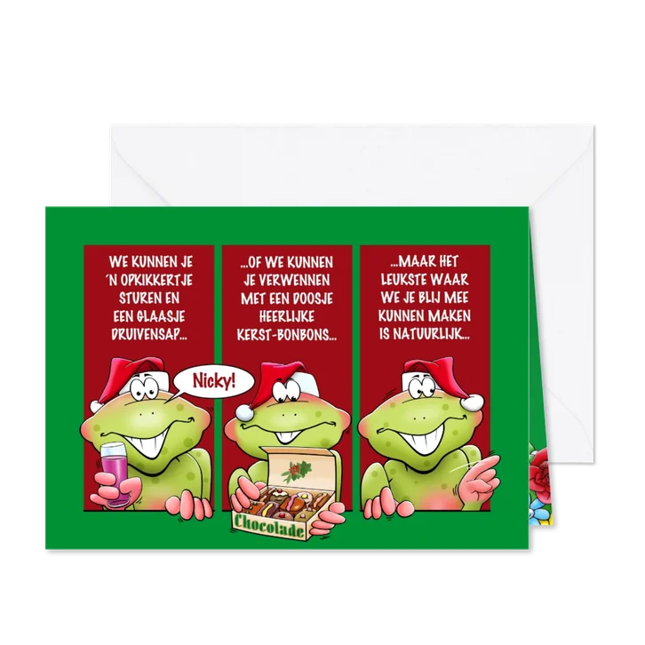 Grappige kaart met kikkers, die je fijne kerstdagen wensen