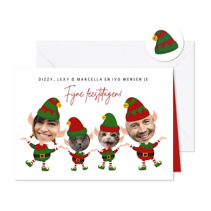 Grappige kerstkaart 2 personen +2 huisdieren in kerstpakjes