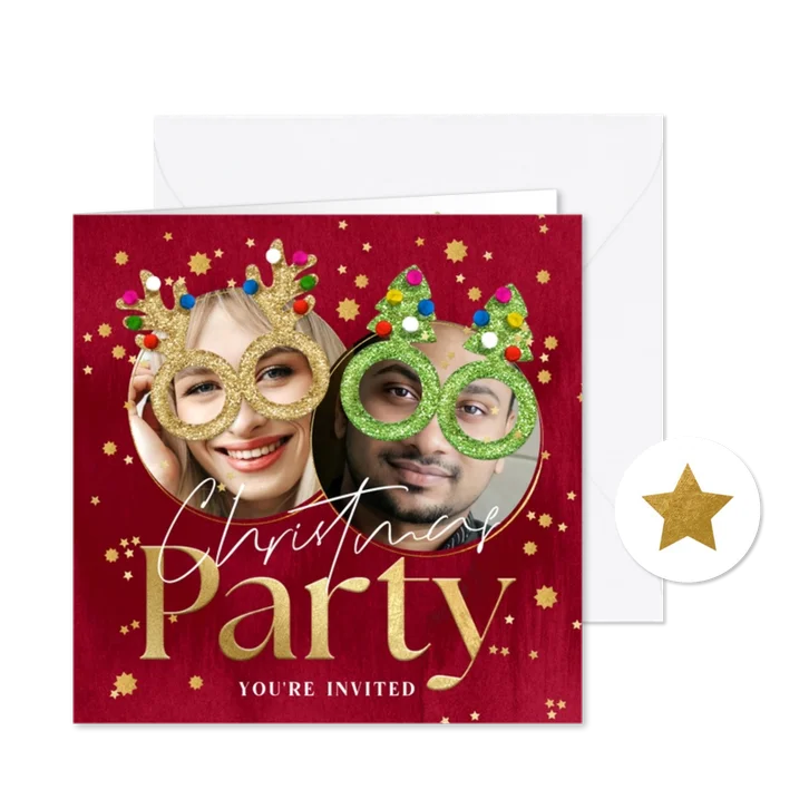 Grappige kerstkaart Christmas Party glitterbrillen ster goud