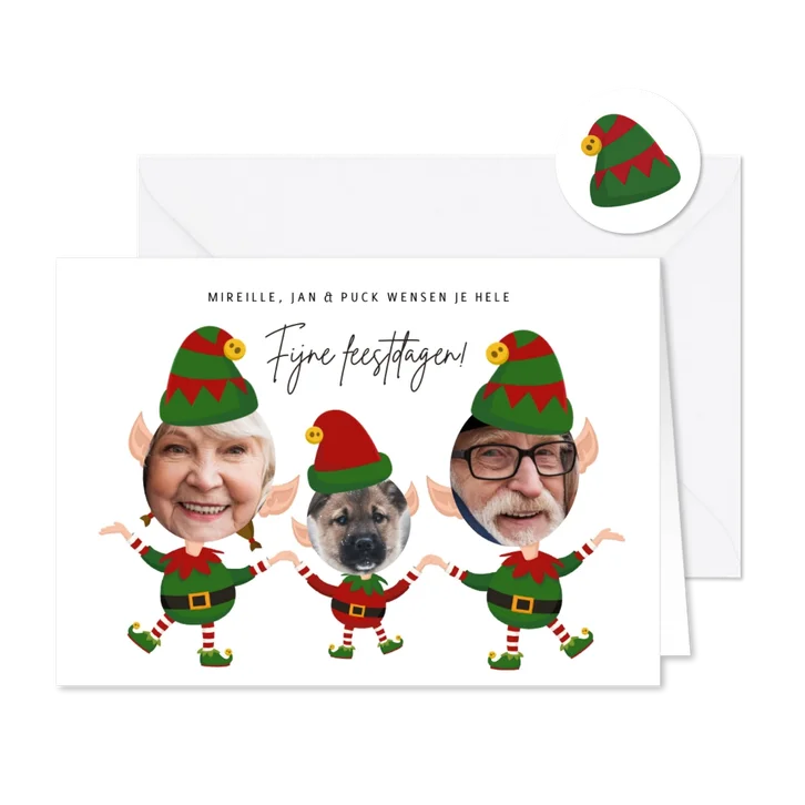 Grappige kerstkaart - foto op kerstelf - 2 personen en dier