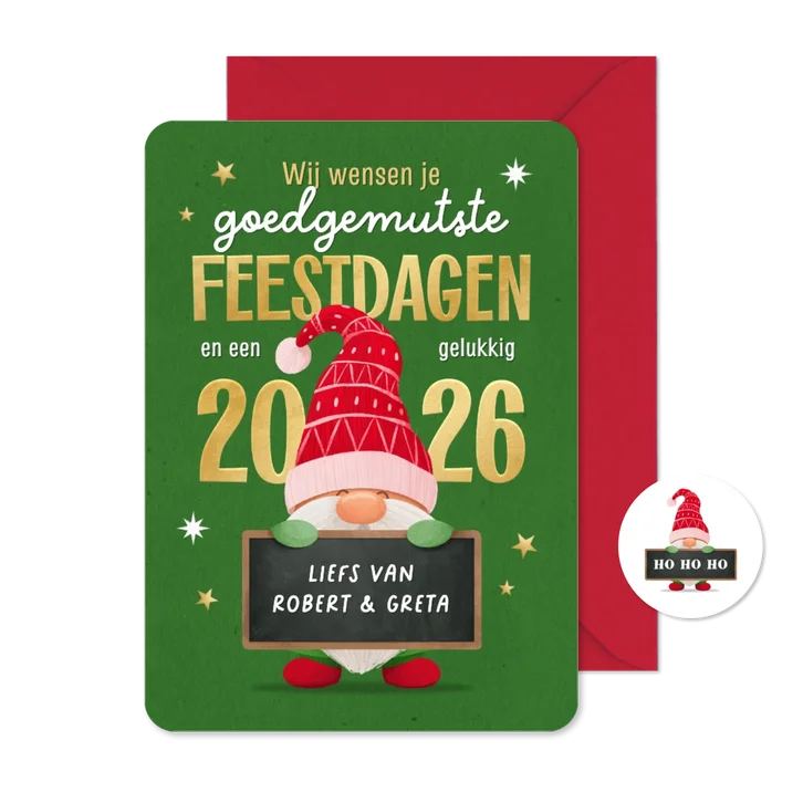 Grappige kerstkaart goedgemutste kabouter 2026 feestdagen