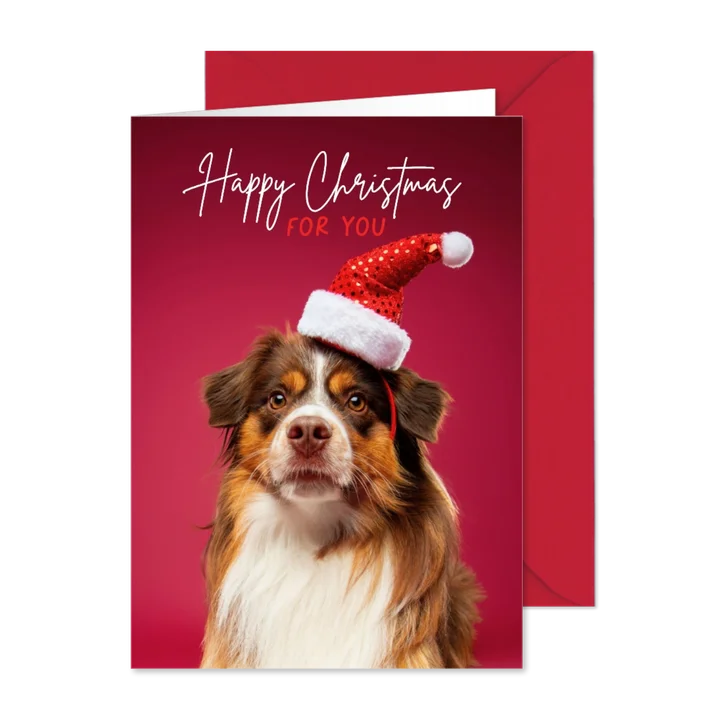 Grappige kerstkaart hond met kerstmuts
