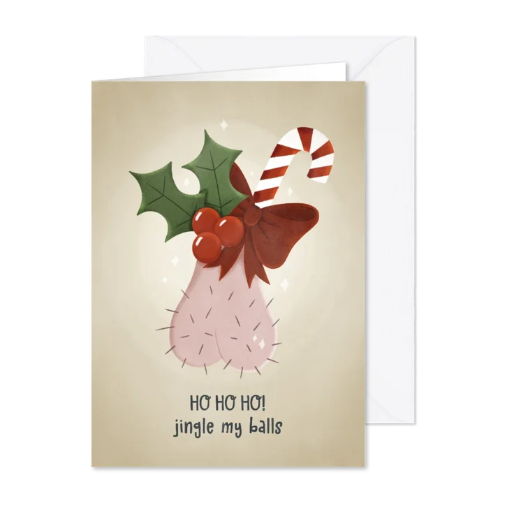 Grappige kerstkaart met ballen kersthulst zuurstok & strik