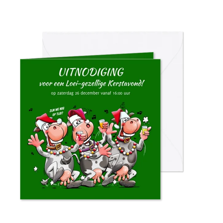 Grappige kerstkaart met feestende koeien met een drankje