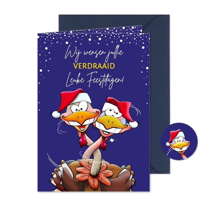Grappige kerstkaart met kalkoenen die een leuke kerst vieren