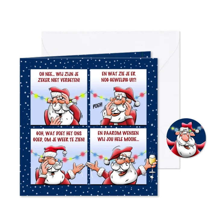 Grappige kerstkaart met kerstman die fijne feestdagen wenst