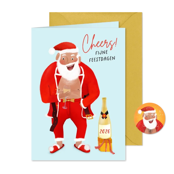 Grappige kerstkaart met kerstman met champagne