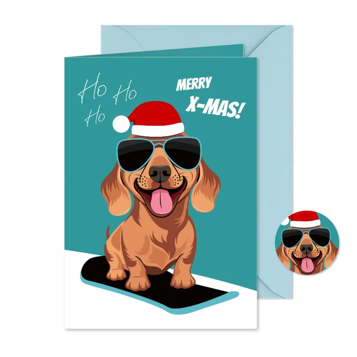 Grappige kerstkaart met stoere teckel op snowboard