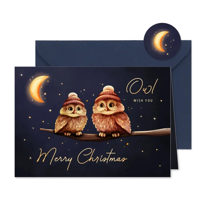 Grappige kerstkaart owl wish you uiltjes met maan
