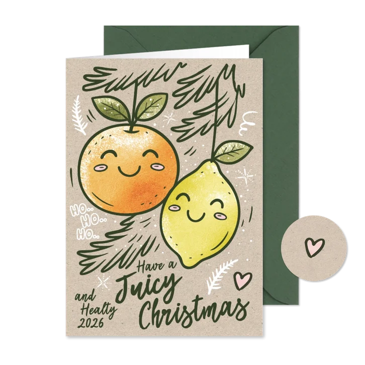 Grappige kerstkaart retro illustratie citroen sinaasappel