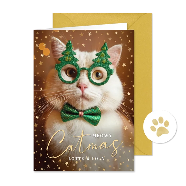 Grappige kerstkaart van jou en je kat 'Meowy Catmas'