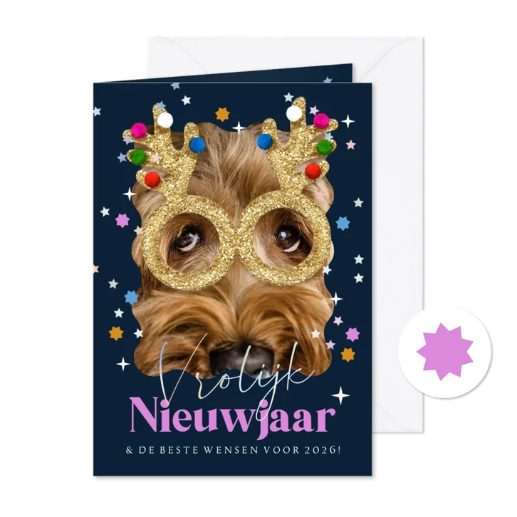 Grappige nieuwjaarskaart foto glitterbril rendier sterren
