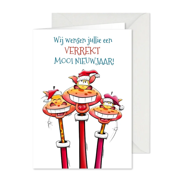 Grappige Nieuwjaarskaart met 3 giraffen met verrekte nekken