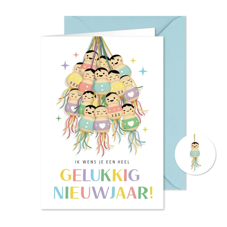 Grappige nieuwjaarskaart met een tros gelukspoppetjes