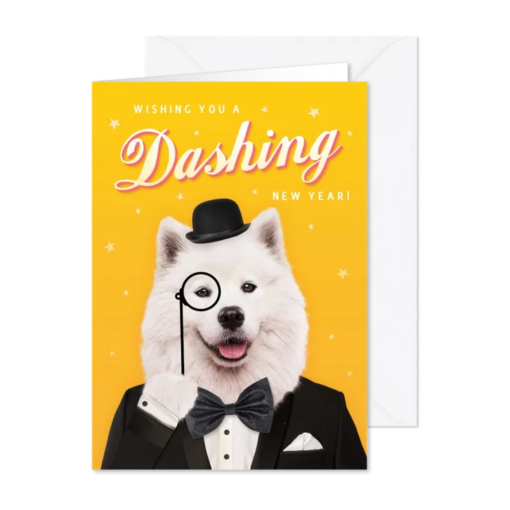 Grappige nieuwjaarskaart met hond in smoking 'Dashing'