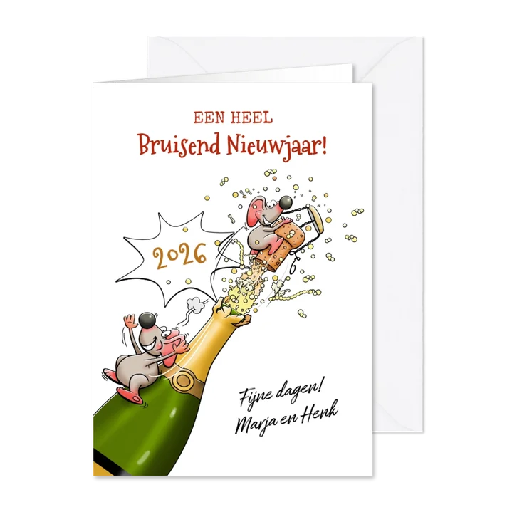 Grappige nieuwjaarskaart met muizen en champagne