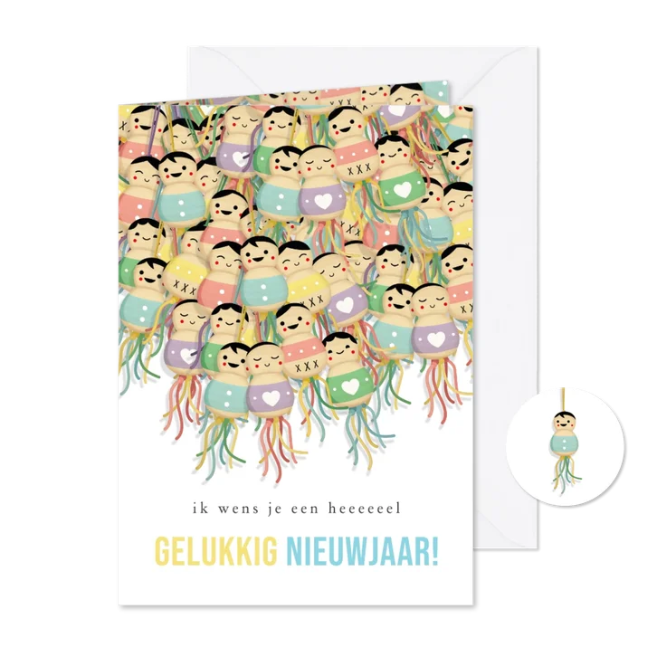 Grappige originele nieuwjaarskaart met veel gelukspoppetjes