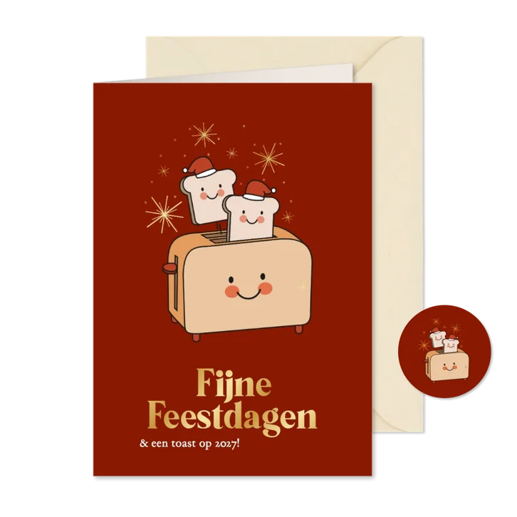 Grappige rode kerstkaart met broodrooster en gouden sterren