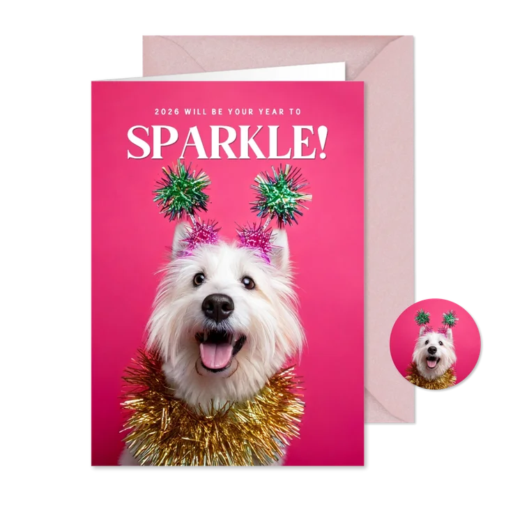 Grappige roze nieuwjaarskaart met hond your year to sparkle