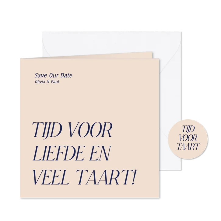 Grappige save the date kaart liefde en taart