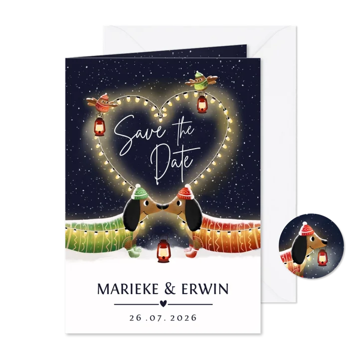 Grappige Save the Date kerstkaart met 2 teckels en hart
