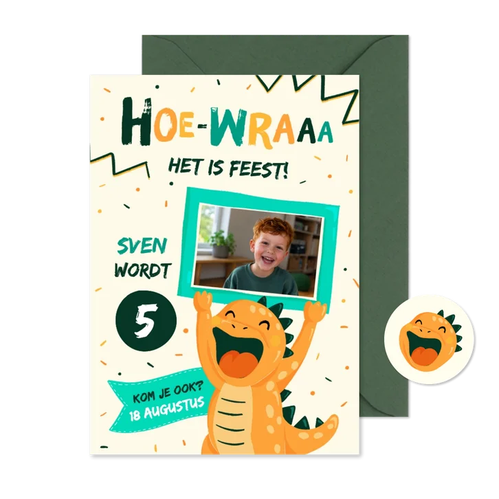 Grappige stoere dino uitnodiging voor een gezellig feestje