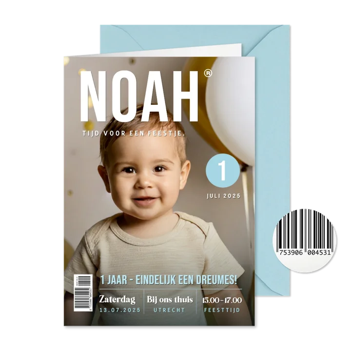 Grappige tijdschrift kaart uitnodiging eerste verjaardag 