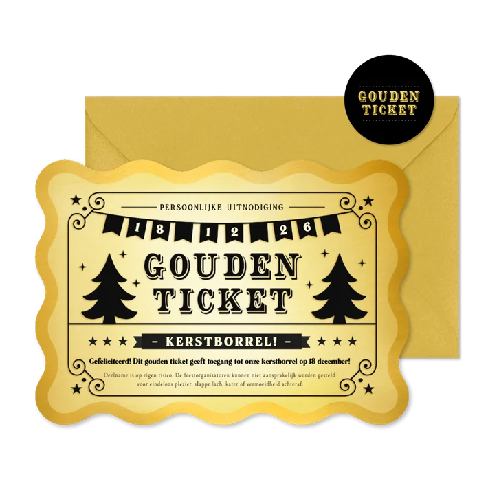 Grappige uitnodiging kerstborrel gouden ticket stijl