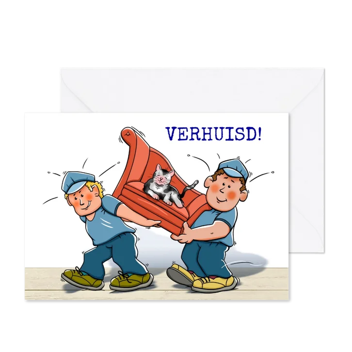 Grappige verhuiskaart met poes op bankje