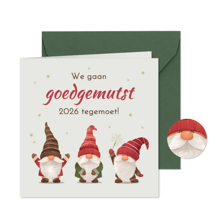 Grappige zakelijke kerstkaart kabouters goedgemutst 2026