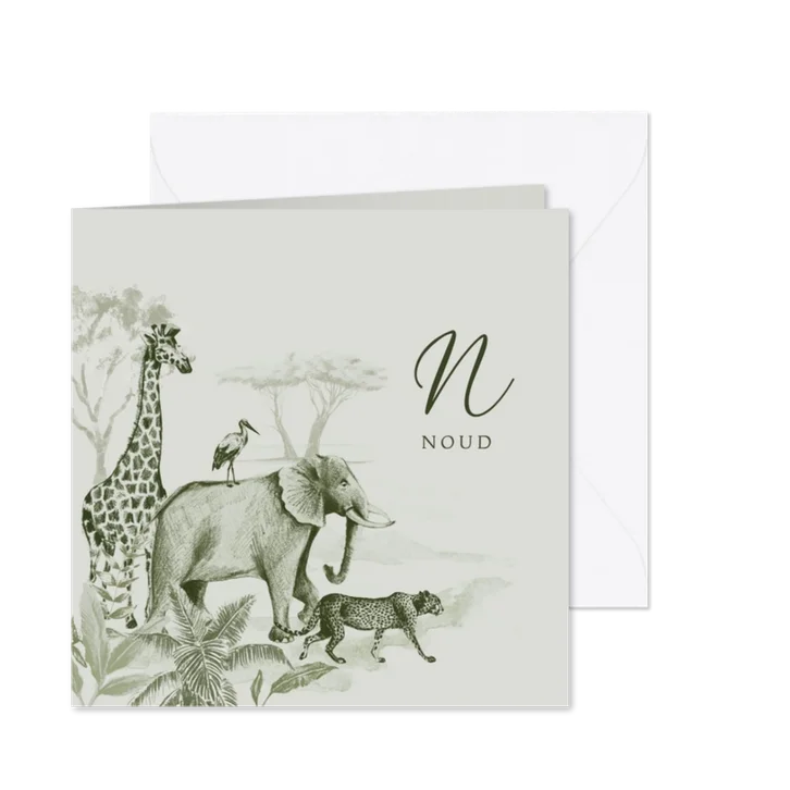 Groen vintage geboortekaartje jungledieren
